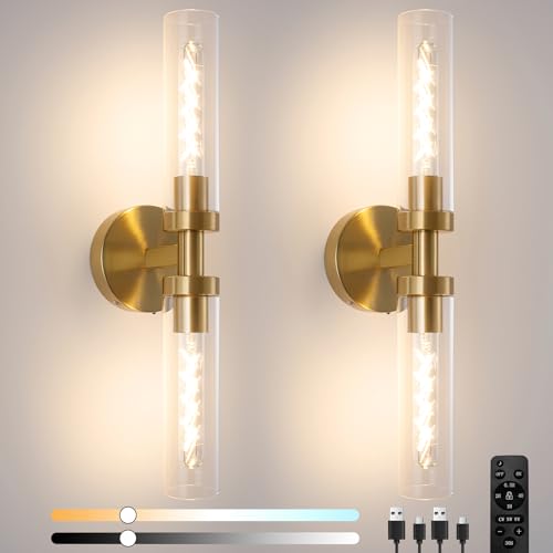 Image of Battery Operated Wall Sconces, Wall Sconce Set of 2, 3000K-6500K Gold Rechargeable Wall Lamp with Remote, Indoor Non-Hardwired Wall Sconce, Modern Vanity Light for Bedroom, Living Room, Aisle