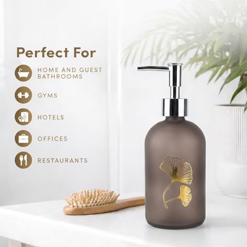 Image of Luxe Home International Flower Print Glass Soap Dispenser for Bathroom and Kitchen Sink Leak Proof Liquid Hand Wash Round Bottle Lightweight Smooth Finish (19.5x7.5 cm Brown) Pack of 1