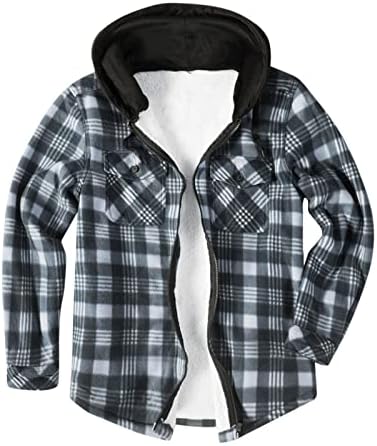 Tootom Mens Sherpa Fleece Plaid Hooded Jackets Casual Long Sleeve Zip Up Lapel Coats Winter Warm Thick Plush Hoodies Coats,black