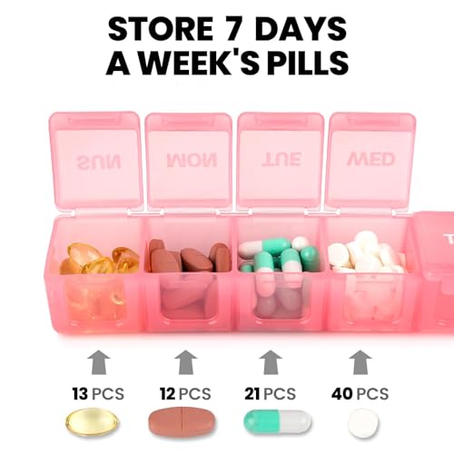 Sukuos Extra Large Daily Pill Organizer 7 Day, Easy to Open Weekly Pill Box Case, Portable Medicine Case Vitamin Holder with Clear Lid for Fish Oils or Supplements (Light Pink) - Thumbnail 2