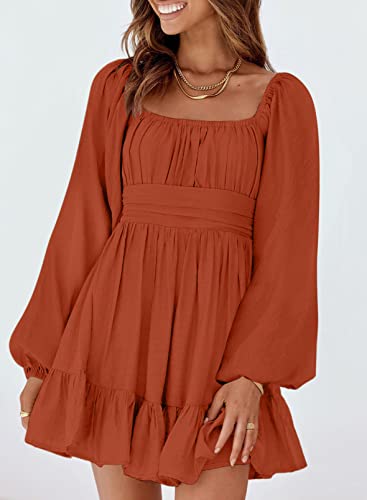 Dokotoo Womens Dress Long Lantern Sleeve Square Neck Tie Backless Sexy Dress Ruffle Elastic Waist A-Line Mini Dress3