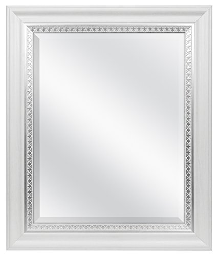 MCS 16x20 Large Wall Mirror, White Woodgrained Frame with Silver Embossed Detail & Beveled Detail Mirror, Vertical & Horizontal Wall Hanging Mirror for Bathroom, Bedroom & Livingroom