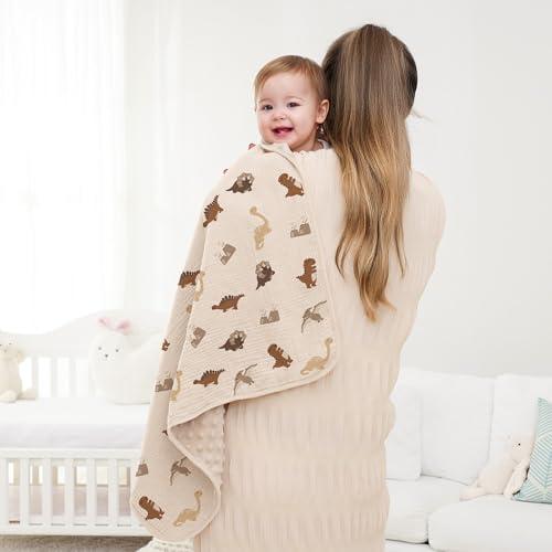 Image of Susurration Baby Blanket for Unisex Boys Girls, Soft Nursery Minky Blanket with Muslin Cotton Front and Dotted Fleece Back, Receiving Blanket for Baby Newborn Infant, 30x40inch (Dinosaur)