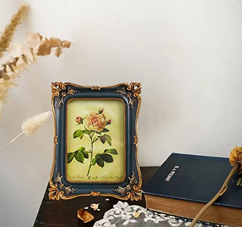 SIKOO Vintage Picture Frames 5x7 Antique Picture Frames Tabletop and Wall Mount Ornate Frames with High Definition Glass Front Antique Wall Decor, Retro Photo Gallery, Art, Blue and Gold - Thumbnail 2