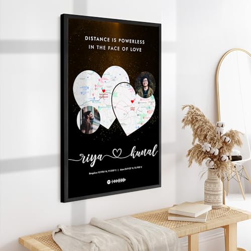 Image of Ritwika's Personalized Picture Frame With Long Distance Map - With Your Photo, Name, Message, Place And Song | For Couples and Friends | In Two Size 9.5 x 13.5 and 13.5 x 19.5 Inch, Set of 1