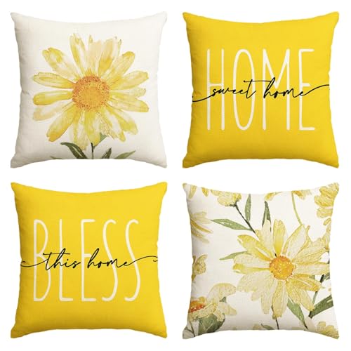 AVOIN colorlife Home Sweet Home Spring Summer Flowers Yellow Throw Pillow Covers, 18 x 18 Inch Cushion Case for Sofa Couch Set of 4
