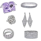 Angel Competition Bikinis 6-Piece Pro Bodybuilding Competition Jewelry Set – Sparkling Rhinestone Jewelry with Chandelier Earrings, Bracelets & Rings – Feature Jewelry Bags for Female Athletes