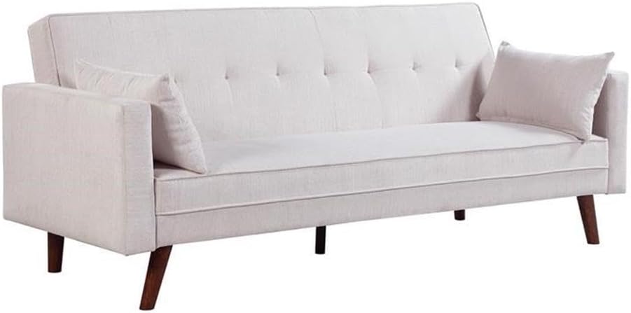 Pemberly Row Convertible Sleeper Sofa, Beige Chenille Upholstery, 84 x 32.5 x 33.5 in, Tufted Back, Foam Filled Cushions, Track Arm Design, Includes Pillows, Modern Futon for Living Room or Guest Room