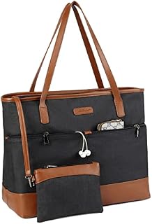 Kasgo Laptop Bag for Women, 15.6 inch Water Resistant Tote Bag Large Handbag Purse Teacher Bag with Luggage Sleeve for Work Travel Shopping Black and Brown