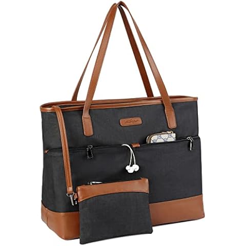 Kasgo Laptop Bag for Women, 15.6 inch Water Resistant Tote Bag Large Handbag Purse Teacher Bag with Luggage Sleeve for Work Travel Shopping Black and Brown Cover