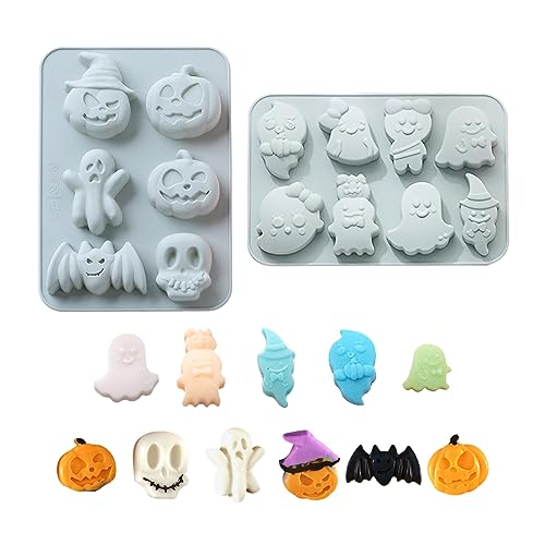 Fyfjur Silikonform Halloween, 2 Stück 14 Stile Silikon Schokoladenform, Kürbis Schädel Geist Schläger Halloween Schokoladenform, Silikonformen, Pralinenform für SüßIgkeiten, Schokolade,...
