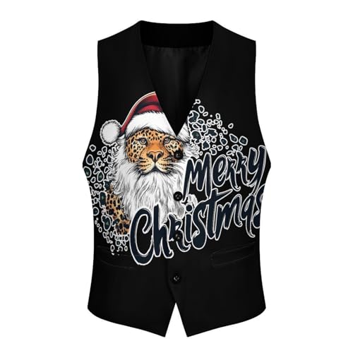 Leopard Santa Merry Christmas Casual Suit Vest for Men Formal Business Dress Regular Fit Waistcoat Tuxedo3