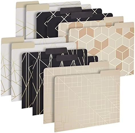 12 Pack Decorative File Folders with Geometric Gold Foil, 1/3 Cut Tab, Letter Sized for Office Supplies (9.5 x 11.5 in)