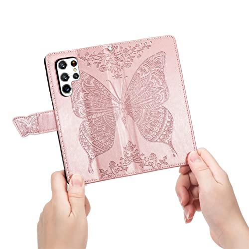 Wallet Case for Samsung S22 Ultra,PU Leather Wallet Flip Protective Phone Case Wrist Strap Card Slots Holder Pocket Emboss Butterfly Flower Stand Case for Samsung Galaxy S22 Ultra Rose Gold
