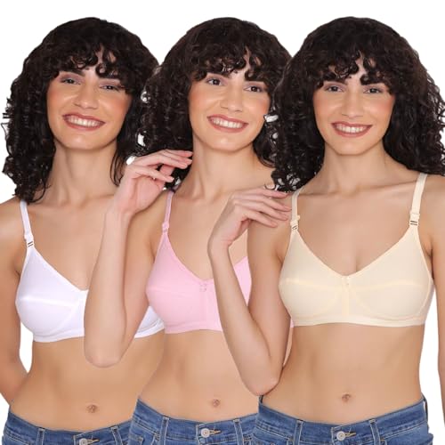 Image of INKURV Cotton Hosiery Bra for Women's Daily use, Full Coverage Bra for Regular wear, Non Padded, Non Wired Everyday Bra with Rich Cotton-Zoe Combo of 3