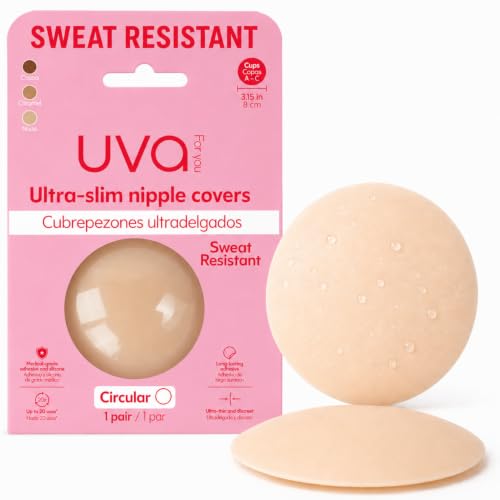 Uva Nipple Covers for Women - Adhesive Bra Ultra-Thin Matte Silicone Hypoallergenic Reusable 20+ Times Confortable Nipple Pads Water-Resistant Pool Nipple Pasties (Crme Circular 1 Pair)