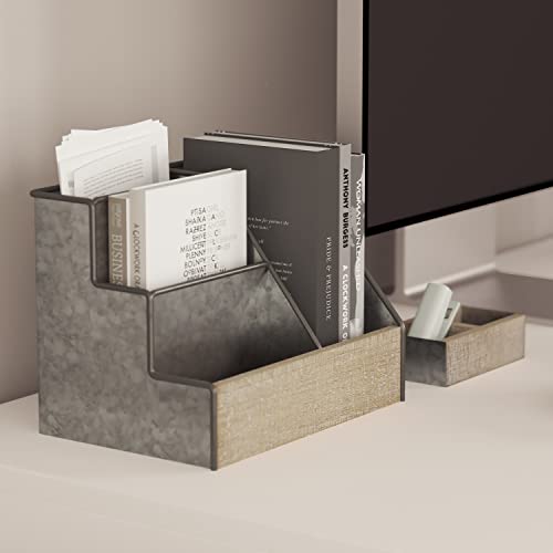 Merrick Lane Cecil 3 Piece Metal and Wood Organizer Set - Galvanized Metal and Rustic Wood - For Desktop, Countertop, or Vanity - Thumbnail 3