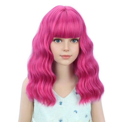 Image of PATTNIUM Hot Pink Wig for Kids Short Wavy Wig Neon Pink Wigs with Bangs Girls Magenta Cosplay Halloween Party Costume Wigs
