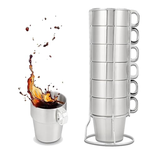 Espressotassen Set, 6Pcs Edelstahltasse Doppelwandig Edelstahl Kaffeetassen, 10 Unzen Doppelwandige Kaffeebecher, Stapelbare Tassen, Espressotassen Mit Ständer Für Zuhause, Für Home Cafe