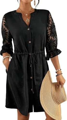Image of Bsubseach V-Neck Daily Dress for Women Shirt Dress with Pockets Black M