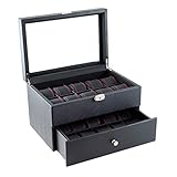 Caddy Bay Collection Black Carbon Fiber Pattern Watch Box Display Storage Case with Glass Top, Red Stitching Perforated Soft Pillows Holds 20 Watches - Red Stitching