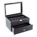 Caddy Bay Collection Black Carbon Fiber Pattern Watch Box Display Storage Case with Glass Top, Red Stitch Perforated Soft Pillows Holds 20 Watches - Red Stitching