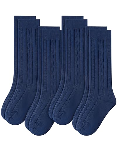 Eurzom 4 Pairs Knee High Uniform Socks for Girls 5-12y Acrylic Knit Cable Navy Blue White School Socks Daily Accessories Gift(Navy Blue,5-8 Years)