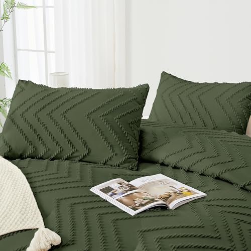 Image of Andency Olive Green Comforter Set Queen Size, Boho Soft Fluffy Warm Lightweight Bedding Comforter Sets for Queen Bed, 3 Pieces Chevron Tufted Aesthetic Microfiber Lightweight Comforter Set