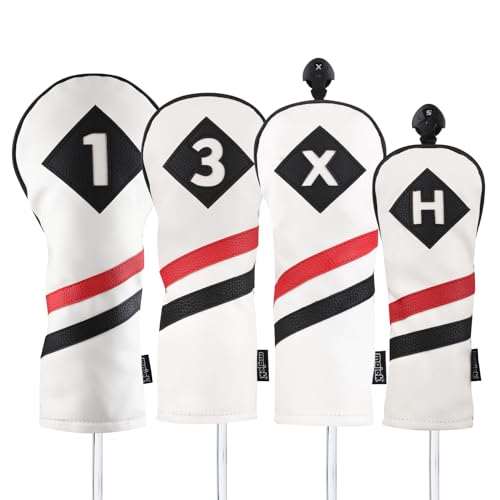 Majek Retro Golf Headcovers White Red and Black Vintage Leather