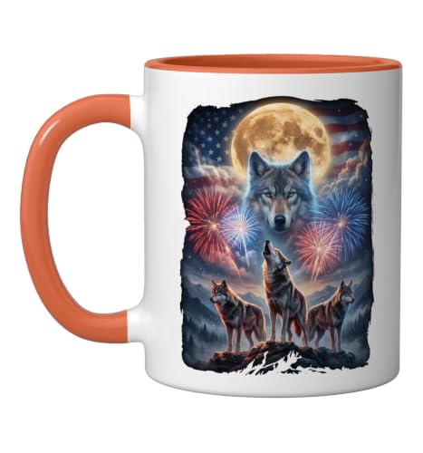 4th of July Wolf Howling at Moon Fireworks USA Wolf lovers Ceramic Mug, Orange/White, 11oz