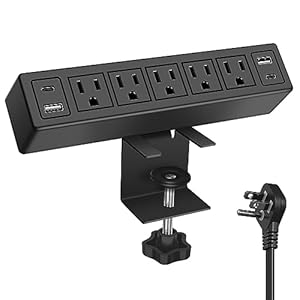 Desk Clamp Power Strip with PD20W USB-C,Total 40W Fast Charging Desk Edge Power Strip Surge Protector 1200J,Desk Mount Power Strip,5 Outlets,2 USB-C,2 USB-A,6FT 45° Ultra Flat Plug,Fit 1.65″ Tabletop