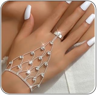 Rhinestone Ring Bracelet Silver Crystal Hand Chain Finger Ring Bracelet Long Tassel Chain Bracelets Wedding Party Dance Banquet Dress Prom Jewelry for Women (Silver1)