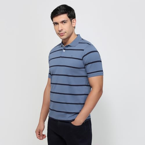 Image of Raymond Men Modern Fit Stripe Pattern Pure Cotton Polo Neck Half Sleeve Casual T-Shirt