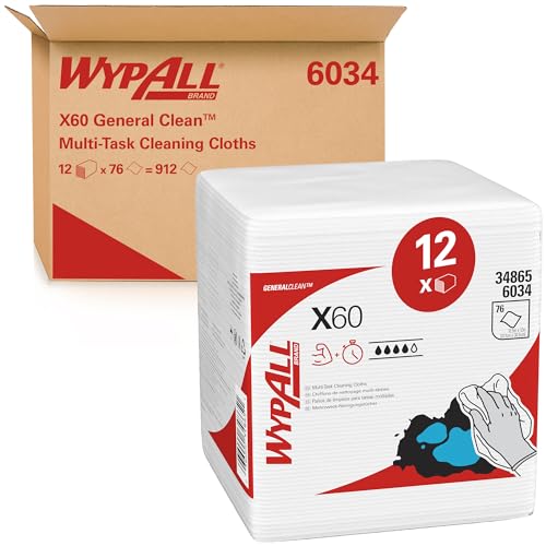 Wypall GeneralClean X60 Cloths Multi-Task Cleaning Wipes (34865), Quarterfold, Strong and Absorbent Towels, White (12 Packs of 76 Sheets, 912 Sheet Total)