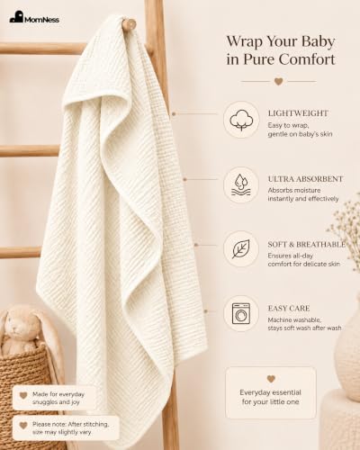 Image of Baby Hooded Bath Towel 100% Cotton Muslin 76x76 cm, 0-3Y, Newborn | Breathable, Lightweight,100% Muslin Cotton