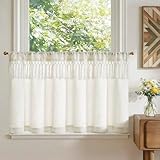 TOPICK Scheibengardinen Küche Beige Spitzenborte Leinen Bistrogardine mit Tunnelzug Volant für Wohnwagen kinderzimmer Landhausstil Shabby Chic Gardinen Kurz Lichtdurchlässig 1er Set 125Bx60H cm