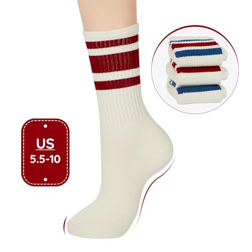 Image of Zando Novelty Striped Retro Vintage Casual Crew Socks for Women - Cotton Sporty Calf Socks
