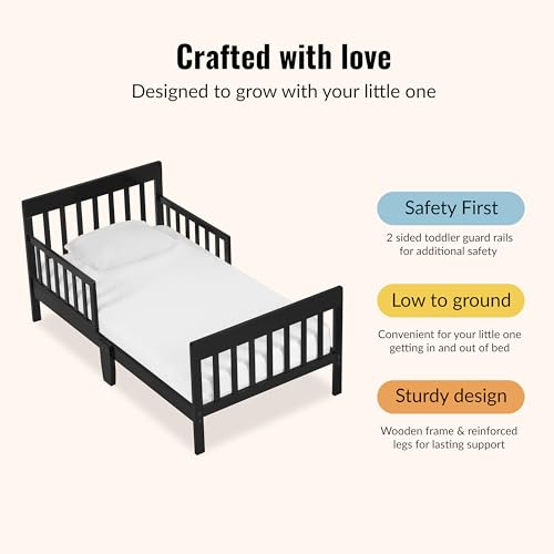 Image of Dream On Me Finn Toddler Bed, GREENGUARD Gold, Pinewood, Black | Low to Floor Bed, 2 Safety Guard Rails, Slatted Wooden Headboard & Footboard 50 Lb Limit, BSA Verified