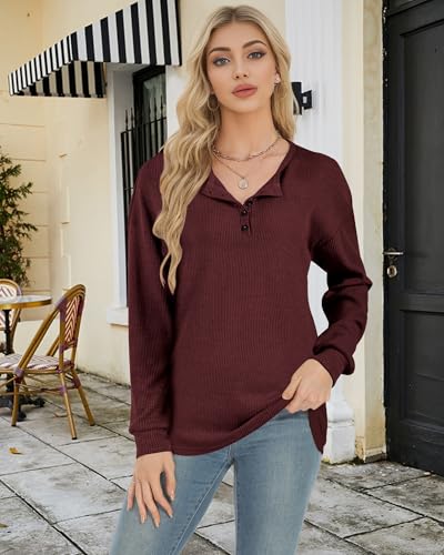 Image of AURUZA Long Sleeve Shirts for Women Henley Shirts Waffle Knit Tops Casual Loose V Neck Tunic Tops Fall Outfits Waffle TShirt