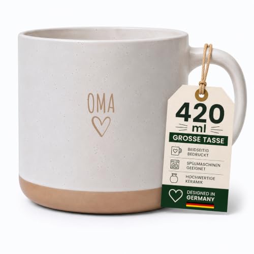 HerzHolzPapier Große Steingut-Tasse OMA 420 ml Keramik Kaffeetasse mit Herzmotiv Beidseitiger Dekor-Druck Spülmaschinen- & Mikrowellenfest Geschenk für Oma Muttertag Geburtstag