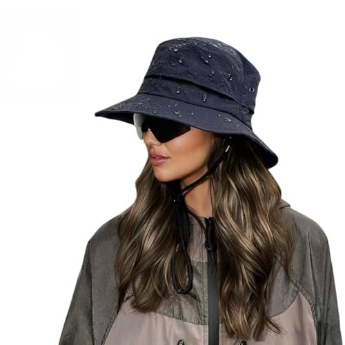 Image of haetair Waterproof Bucket Hat for Women - UV Protection Fishing Foldable Rain Hats Ladies Adjustable Hat Sun Summer Outdoor Hiking Cap (UK, Alpha, One Size, Navy-1)