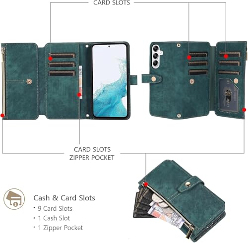 UEEBAI Wallet Case for Samsung Galaxy S24/S25 5G, 9 Card Holder Slots Zipper Pocket Handbag Case Magnetic Closure Kickstand with Wrist Strap TPU Shockproof Flip Case for Women - Retro Green by UEEBAI - Image 4