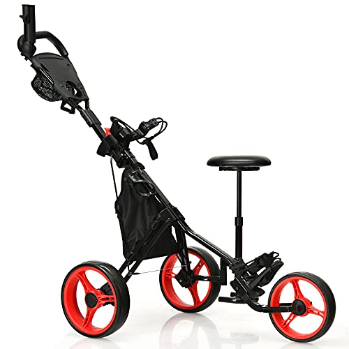 GYMAX Golf Push Cart Foldable 3-Wheel Height Adjustable Lightweight Golf Trolley with Umbrella Holder Hydraulic Seat Storage Bag & Cup Holder for Club (Red)