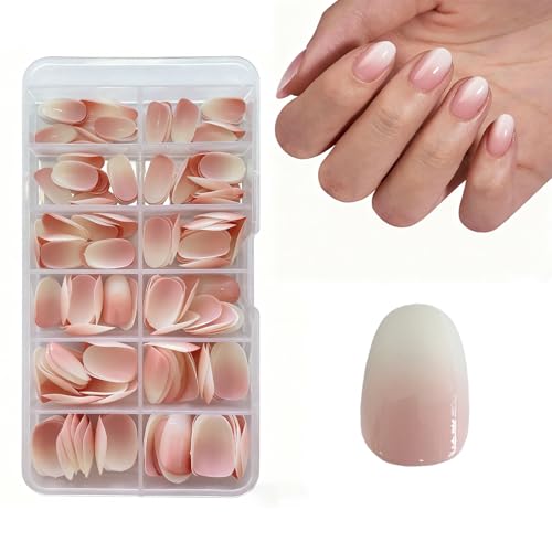 Unghie Finte- Bara Corta French Nails, Tip in Gel per Unghie French Artificiali Fake Nail Tips Stick, 168 Pezzi Nail Art DIY per Donne e Ragazze, Marrone (Almond Gradient Pink)