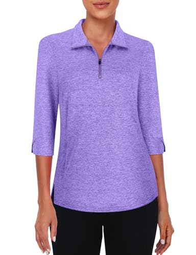 Viracy Women's Golf Shirts 3/4 Sleeve Sun Protection Quarter Zip with Zipper Pockets Athletic Polo Workout Tops S-2XL3