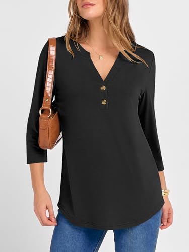 ANRABESS Women 3/4 Length Sleeve Henley Tops V Neck Business Casual Work T Shirts Cute Travel Shirts 2025 Fall Trendy Outfits2