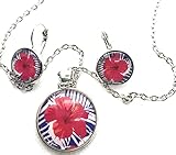 metallo Set Parure Ibiscus Rosso Orecchini Collana con Ciondolo Cabochon, Idea Originale per Regalo Natale, Fatto a Mano, Gioielli Donna