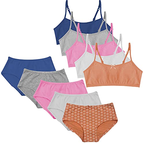 Popular Matching Girls Underwear Set - Crop Cami Training Bras for Girls with Hipster Girls Panties 10 pc Orange Bloom M