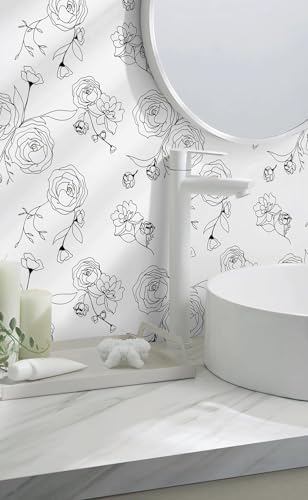 Rylan 45 * 1200 Peel and Stick Wallpaper Gold and White Contact Paper Floral Wallpaper Self Adhesive Removable Wallpaper for Bedroom Covering Vinyl Rolls(White & Black)