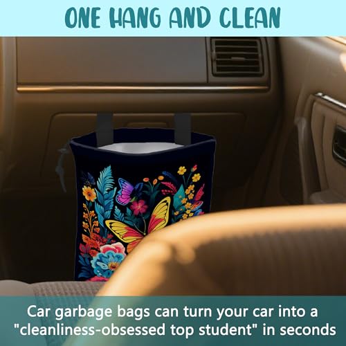 Image of Car Garbage Bag Colorful Flowers and Butterflies Hanging Canvas Car Trash Bag Waterproof Drawstring Car Back Seat Organizer for Car Back Front Seat Console with Adjustable Buckle